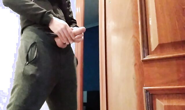 Hand Job From Supah Sizzling Fledgling Dude With Ample Hard-On, Shoots At The Door