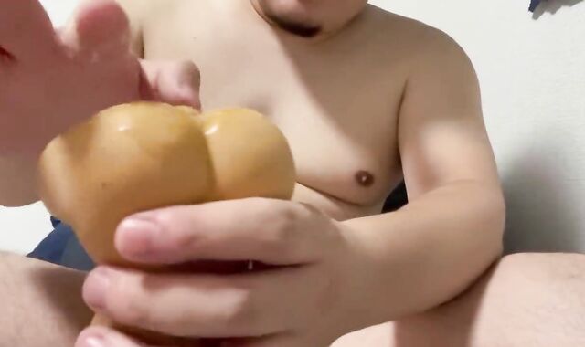 Asian round boy drains while yelling with human body Fleshlight