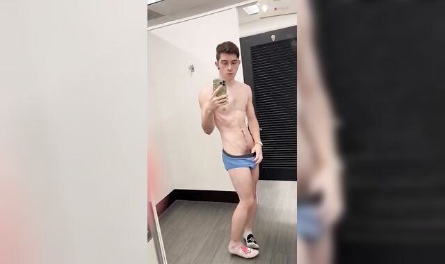 Lean nerdy lad dude unwraps and completes off in public dressing guest bedroom with door open