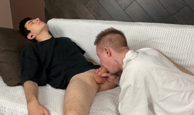 suck job on sofa with jizz in gullet and on assets