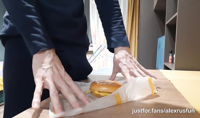 Sporty teenie smashes burger with his ginormous salami