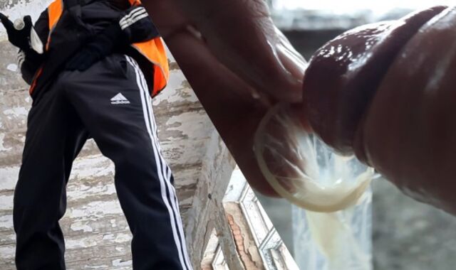 The janitor found a used love glove and added his portion of fellow goo