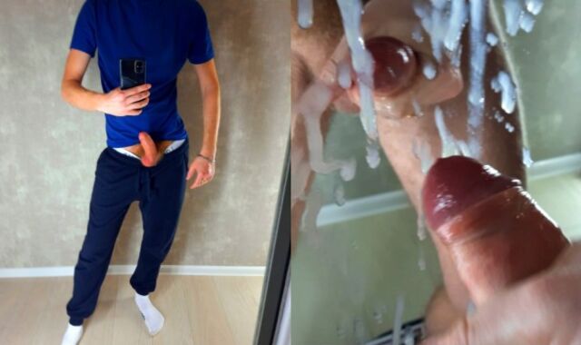 A guy in sweatpants cummed all over the mirror with fresh cum