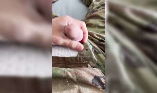 army solider wanks off in cut-offs and while clad in a jock string under his military uniform