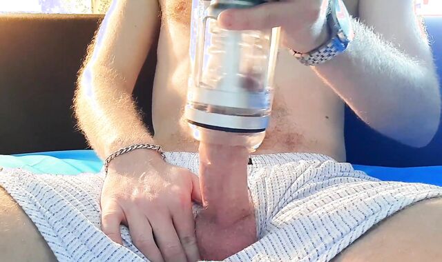 The man strongly finished from a rotating masturbator