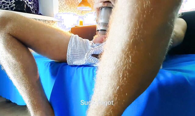 The man strongly finished from a rotating masturbator