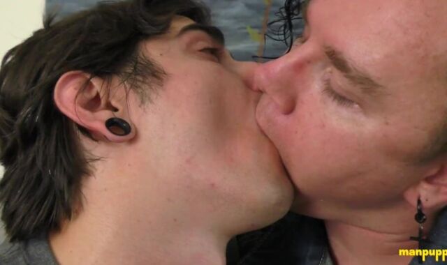 Leo Blue and Johnny Mercy kissing with tongues so deep