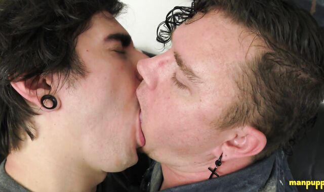 Leo Blue and Johnny Mercy kissing with tongues so deep