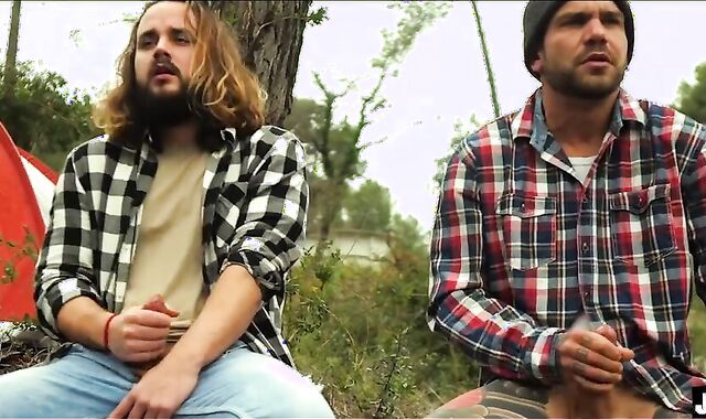 two MOUNTAINEERS MASTURBATE OFF IN THE FOREST