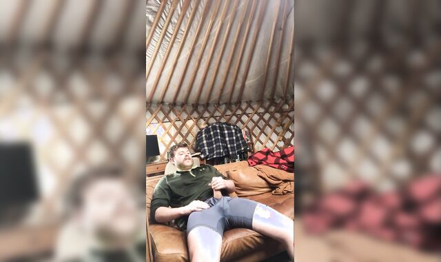 Crazy fellow alone in the wilderness chops weenie and rockets his cum by the fire