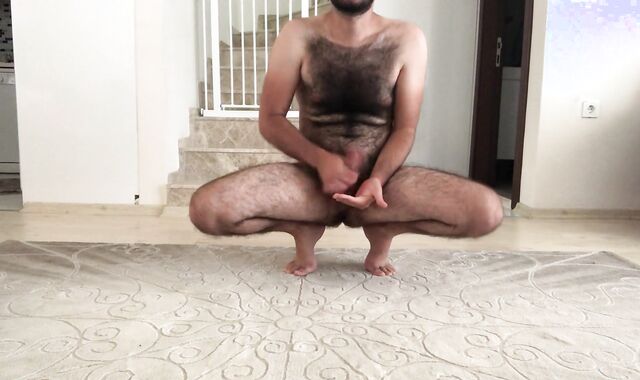 Flawless fur covered gay toying alone at the summer house