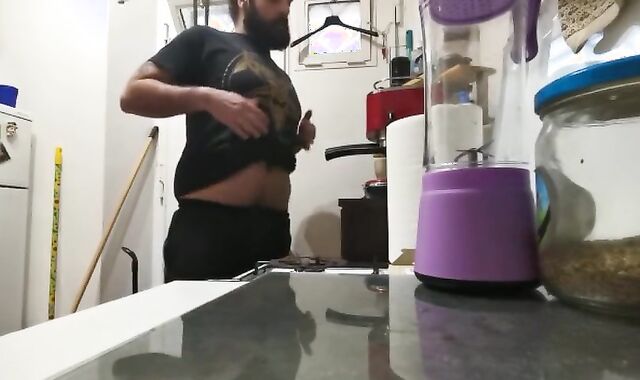 Chubby hairy stud masturbating off in the kitchen after his coffee and made a dirt with his fountain