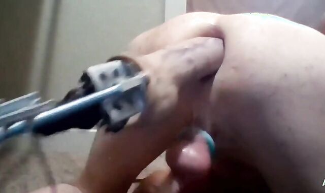 Penetrate Machine rolls while it pokes my butt deep with A 17" Fellow Meat Rambone Fake-Shaft