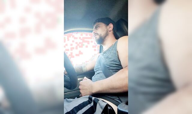 Country guy wanks off while driving