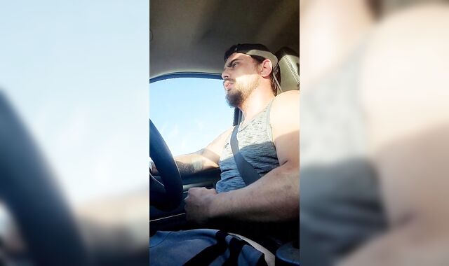 Country guy wanks off while driving