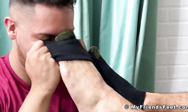 Cool bearded hairy man foot worshipped and rubbed by mate