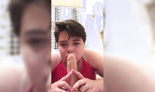 nice young femboy throats his fake-man rod