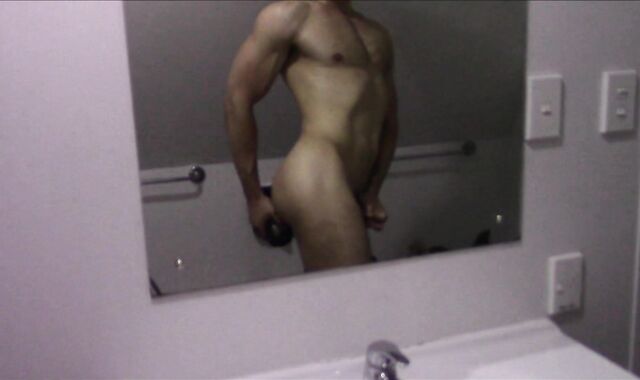 Supah-Super-Hot nicely-shaped dude tearing up self with fake-dinky in mirror