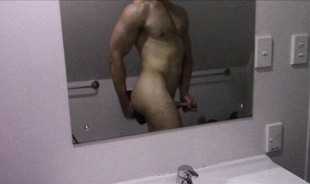 Supah-Super-Hot nicely-shaped dude tearing up self with fake-dinky in mirror