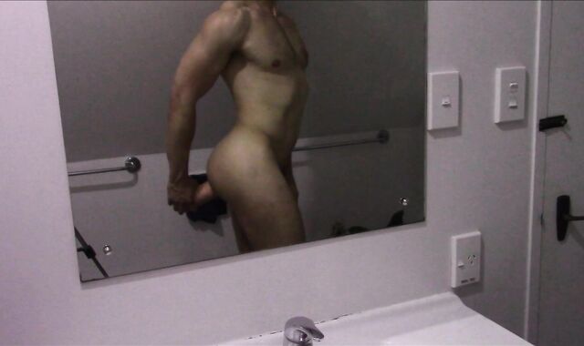 Supah-Super-Hot nicely-shaped dude tearing up self with fake-dinky in mirror