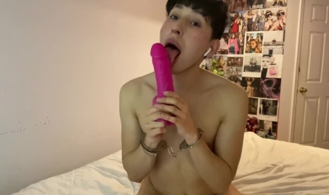 Handcuffed lad likes his rosy plaything