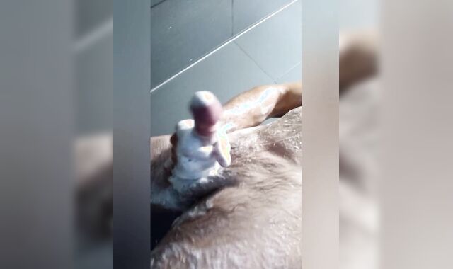 Happy finishing after a workout in public douche