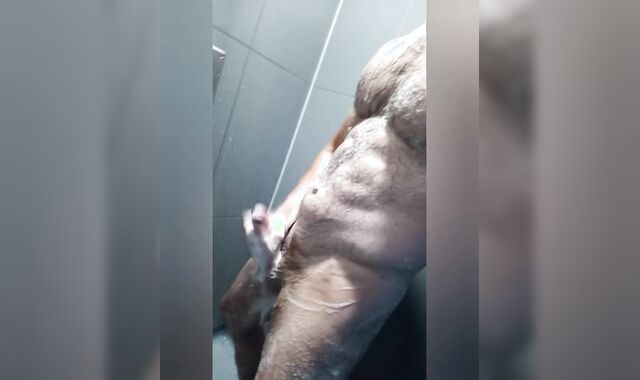 Happy finishing after a workout in public douche