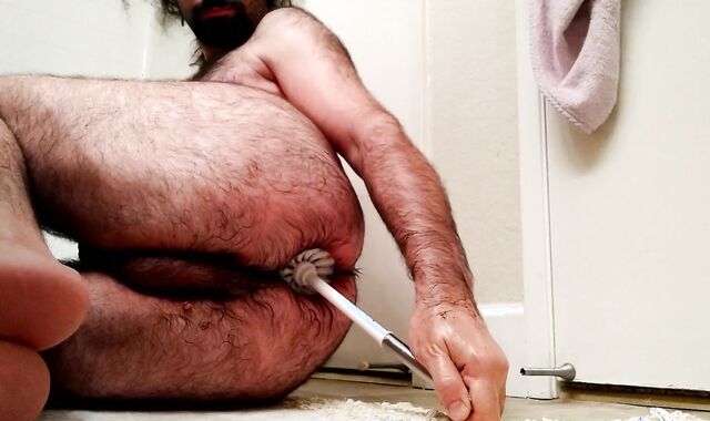 EXTREME toilet brush booty shag: insane cub nails own hungry penetrate-slot with rest room brush all the way in