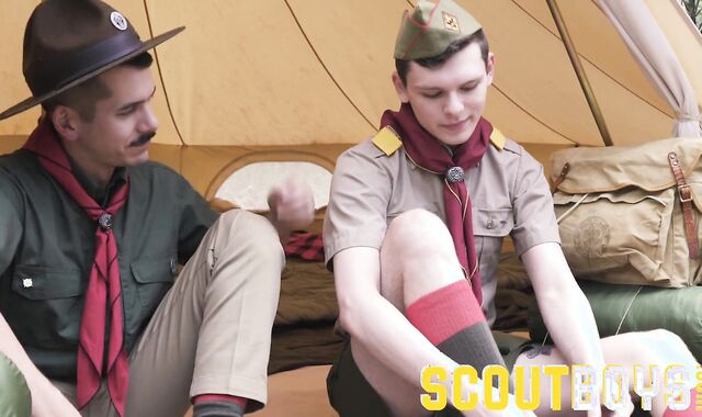 ScoutBoy gets hot stream on chest and abdomen from Scoutmaster