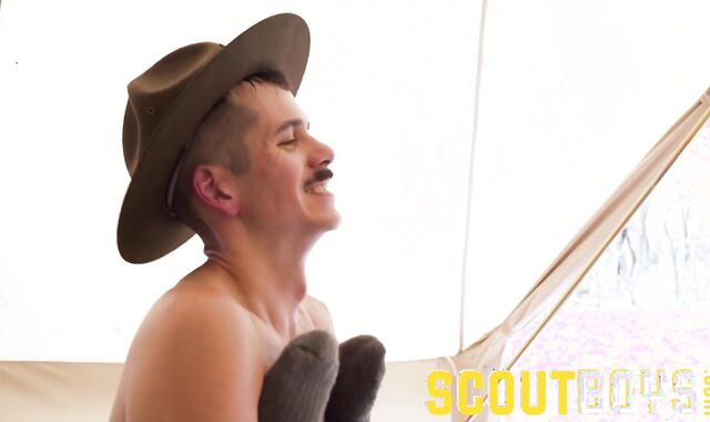 ScoutBoy gets hot stream on chest and abdomen from Scoutmaster