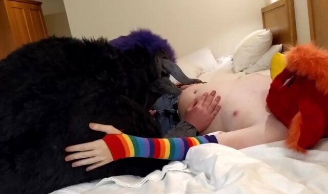 Bull fursuiter inhales off and gets bred by pent up Bird suiter