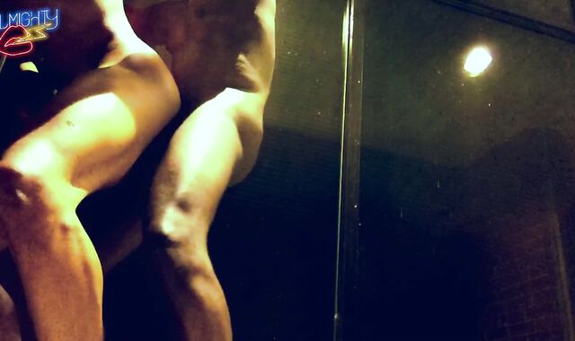 Taking fuckpole in front of an open business