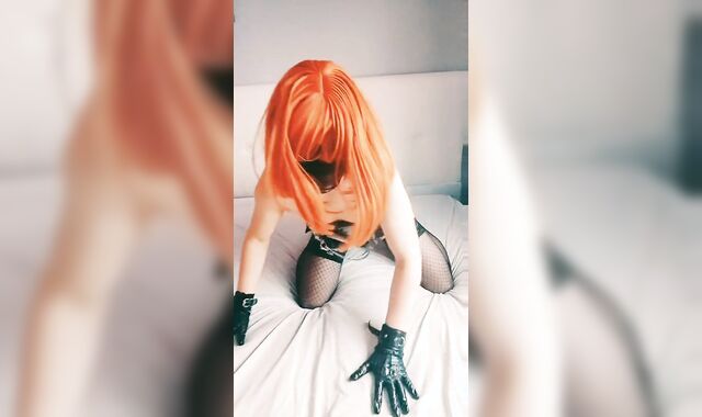 Amateur crossdresser sissy rides dark-hued faux trouser snake in chastity cage