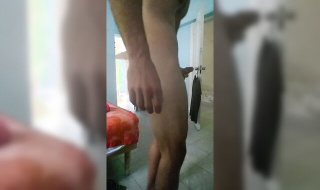 bony dude doing bare poses and demonstrating his massive stiffy