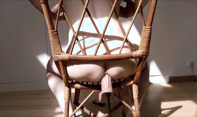 Sitting on a tabouret and having my caboose pulverized by my pummel machine - giant faux beefstick