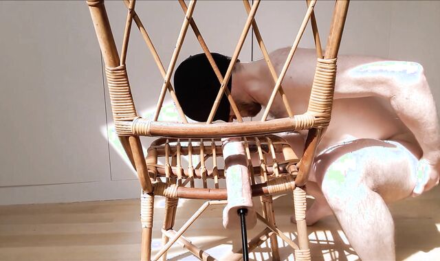 Sitting on a tabouret and having my caboose pulverized by my pummel machine - giant faux beefstick