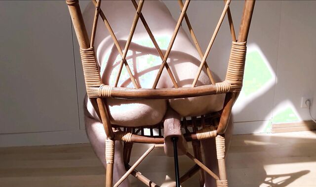 Sitting on a tabouret and having my caboose pulverized by my pummel machine - giant faux beefstick