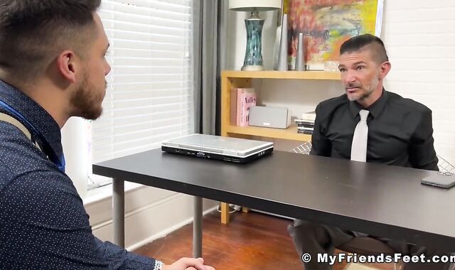 Imperious manager foot tongued and idolized by young employee