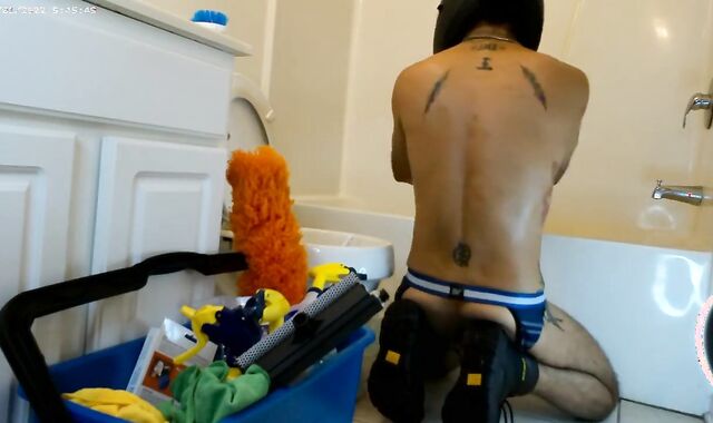 Biker Cleans Shower in Jockstrap