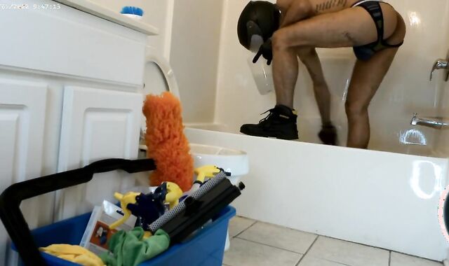 Biker Cleans Shower in Jockstrap