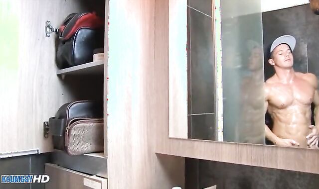 Gigantic pecker rock hard in a douche