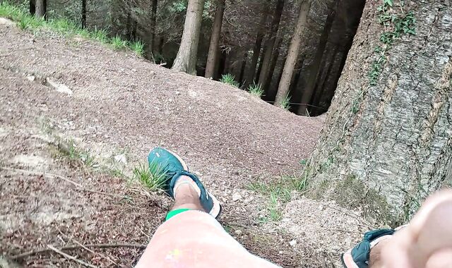 Exhibitionist Walks Bare, Gropes His Hefty Hard-On with the Tree, and His Batter Comes Out Slowly