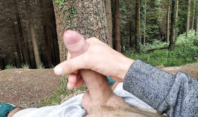 Exhibitionist Walks Bare, Gropes His Hefty Hard-On with the Tree, and His Batter Comes Out Slowly