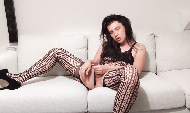 Fishnet Femboy Sissy Finger-Pummeling and Draining Off