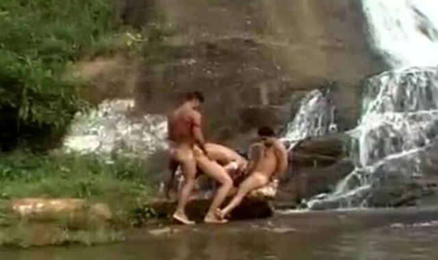 Three school-elder age teenies wazoo bang below A Waterfall