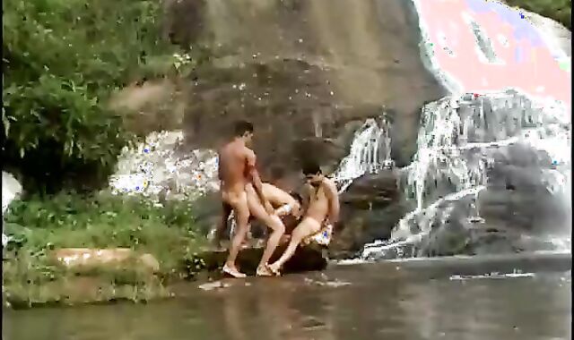 Three school-elder age teenies wazoo bang below A Waterfall