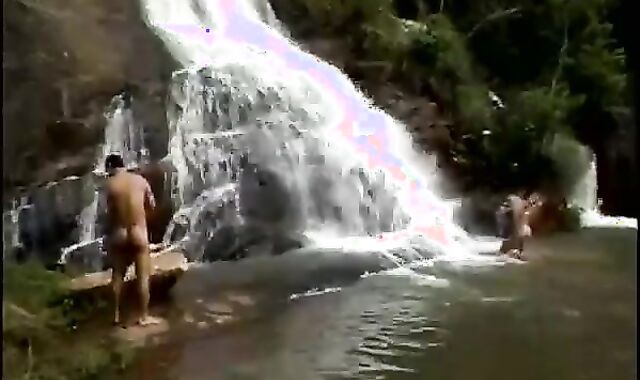 Three school-elder age teenies wazoo bang below A Waterfall