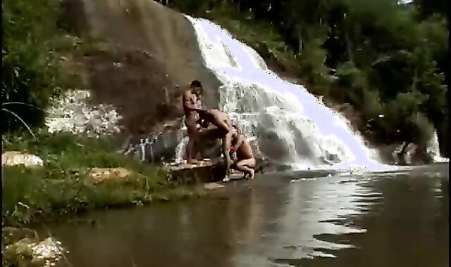 Three school-elder age teenies wazoo bang below A Waterfall