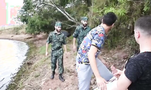 Three gay folks In The Tent Had Pound-festival In The Countryside
