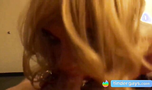 Trashy blonde crossdresser sucks two cocks